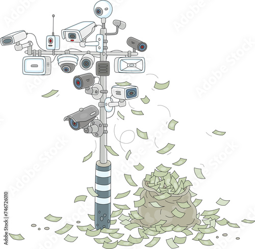 Surveillance cameras on a road pole making a lot of money for recorded traffic violations, vector cartoon illustration isolated on a white background