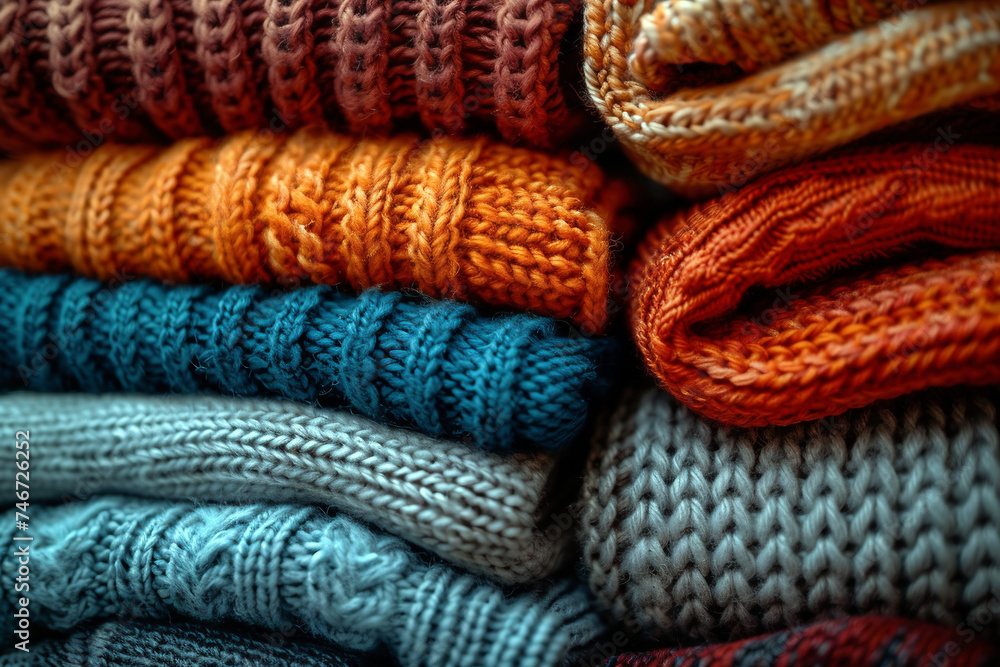 Piles of warm knitted woolen sweaters close-up, generative ai