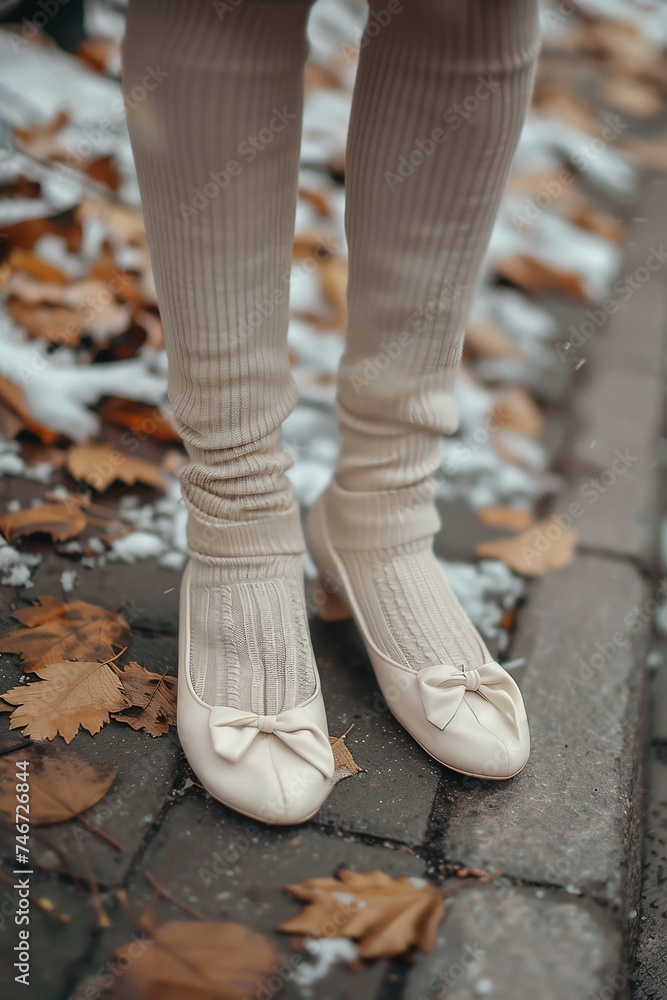 Female feet wearing ballet flat style shoes standing on the street in late fall, generative ai