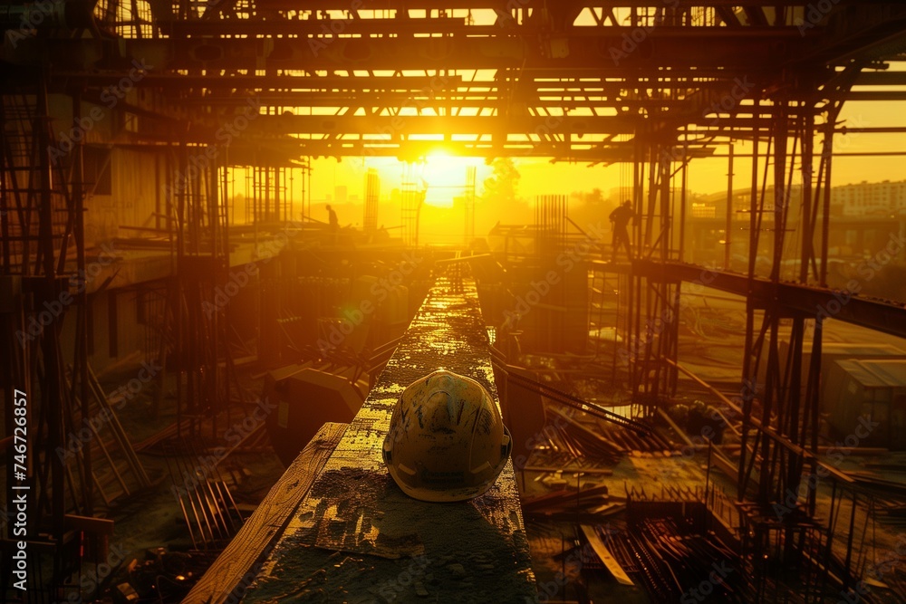 A breathtaking sunrise illuminates an under-construction building, casting a golden glow over the skeletal structure and the scattered construction materials around the site.