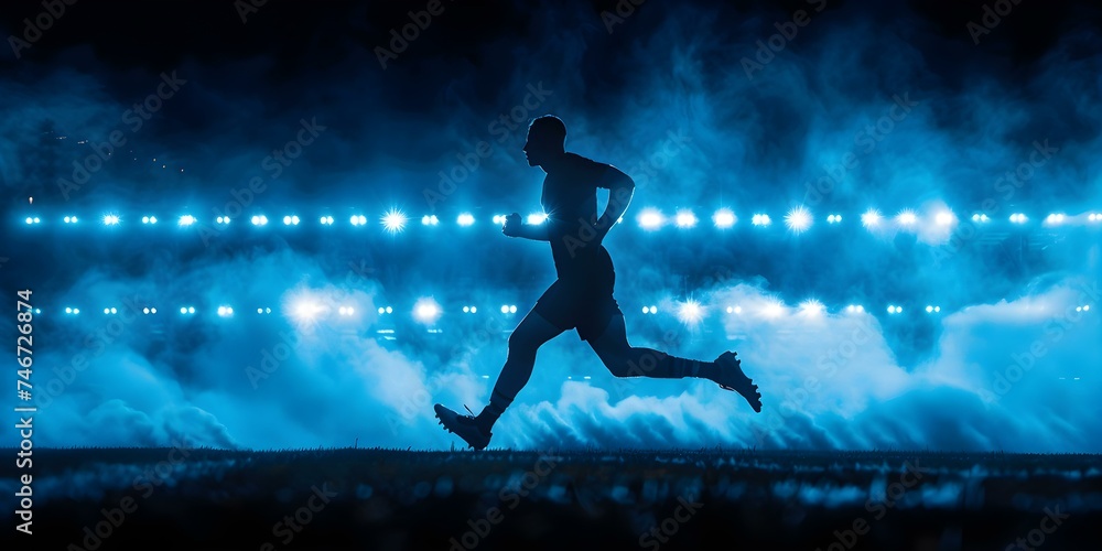 Silhouetted football player sprinting under stadium lights embodying determination and victory. Concept Sports Photography, Silhouette Portraits, Athletic Achievements, Nighttime Action Shots