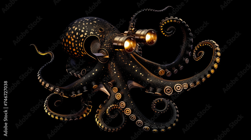 Octopus in a deep sea exploration retro submarine-Enhanced Octopus in a deep sea exploration retro submarine-Enhanced