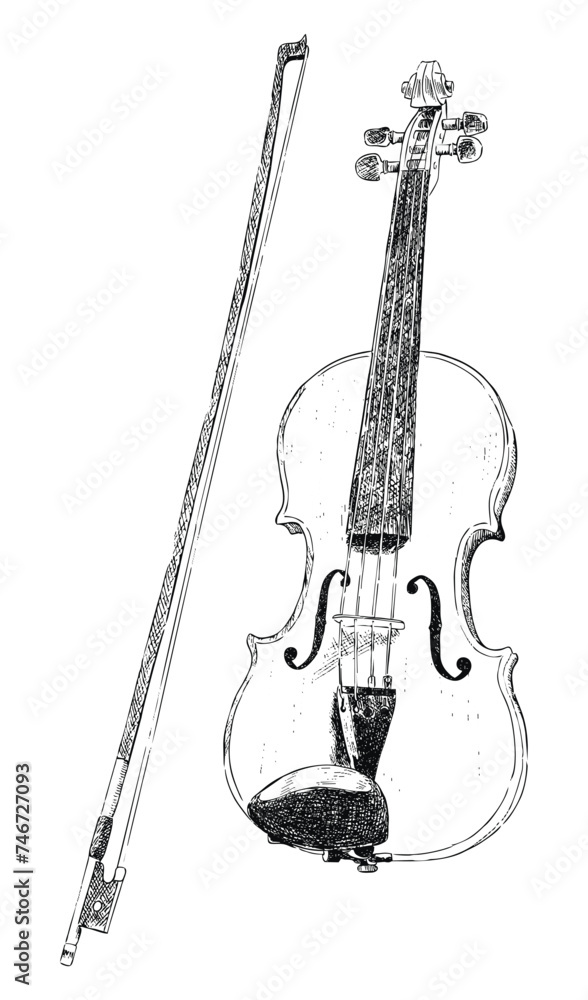 Fototapeta premium A sketch of a violin and a bow in a graphic style. Vector illustration