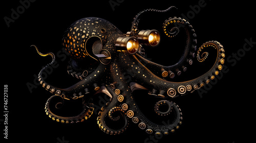 Octopus in a deep sea exploration retro submarine-Enhanced