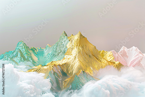 clouds covered mountains of gold, snow covered mountains, a mountain of gold and jade © fadi