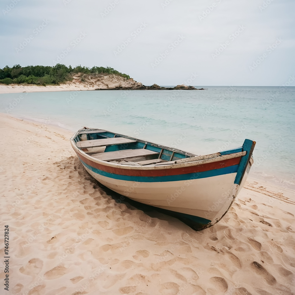 A wooden boat peacefully sits atop a sandy white beach, illuminated by warm sunlight. The calm reflection of the tranquil ocean creates a serene and beautiful scene. The secluded beach with its bright