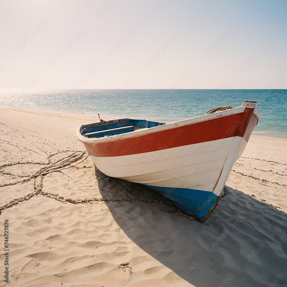 A wooden boat peacefully sits atop a sandy white beach, illuminated by warm sunlight. The calm reflection of the tranquil ocean creates a serene and beautiful scene. The secluded beach with its bright A wooden boat peacefully sits atop a sandy white beach, illuminated by warm sunlight. The calm reflection of the tranquil ocean creates a serene and beautiful scene. The secluded beach with its bright