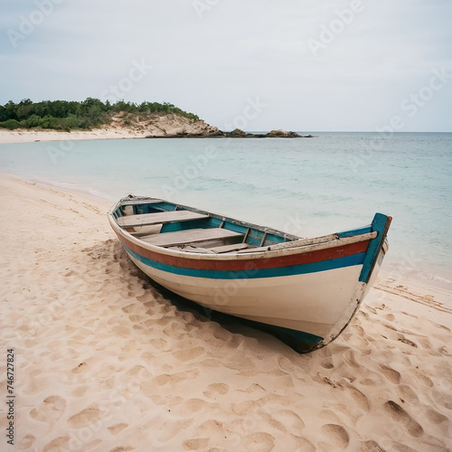 A wooden boat peacefully sits atop a sandy white beach  illuminated by warm sunlight. The calm reflection of the tranquil ocean creates a serene and beautiful scene. The secluded beach with its bright