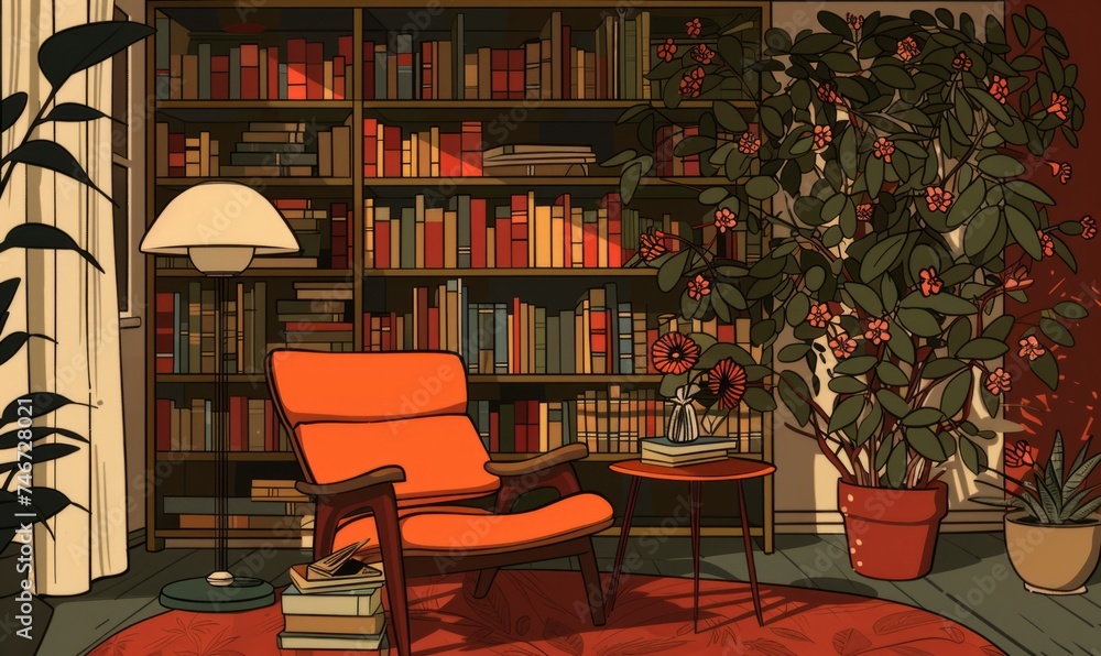 an image of a cozy living room with books Generative AI