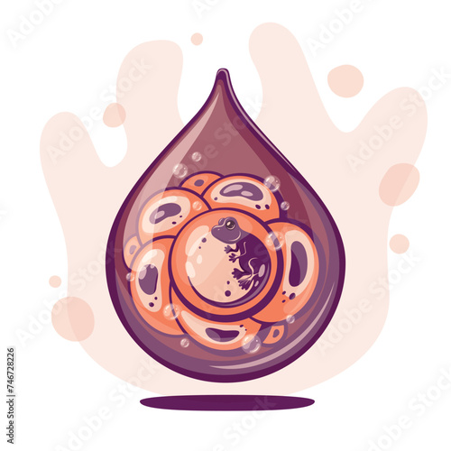 Frog eggs in a drop of water. Tadpole. Vector illustration on the theme of ecology, environmental protection. Handdrawn, not AI