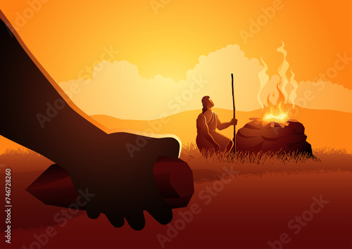 Biblicall vector illustration series. This powerful collection depicts the poignant moment of Cain holding a sharp rock, consumed by jealousy and contemplating the fateful act of ending Abel's life photo