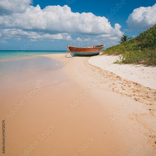 A wooden boat peacefully sits atop a sandy white beach, illuminated by warm sunlight. The calm reflection of the tranquil ocean creates a serene and beautiful scene. The secluded beach with its bright © Fhahry