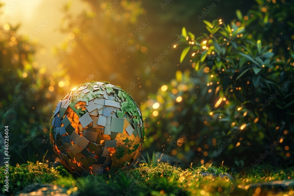 A captivating image of a gently spinning globe, crafted entirely from recycled materials, set against the backdrop of a lush, green forest A captivating image of a gently spinning globe, crafted entirely from recycled materials, set against the backdrop of a lush, green forest