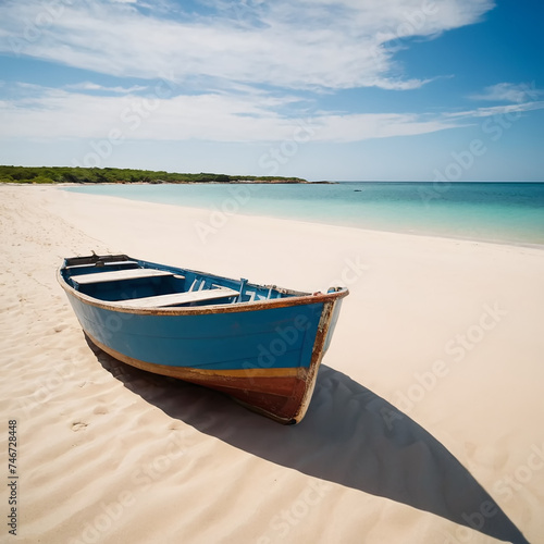 A wooden boat peacefully sits atop a sandy white beach  illuminated by warm sunlight. The calm reflection of the tranquil ocean creates a serene and beautiful scene. The secluded beach with its bright