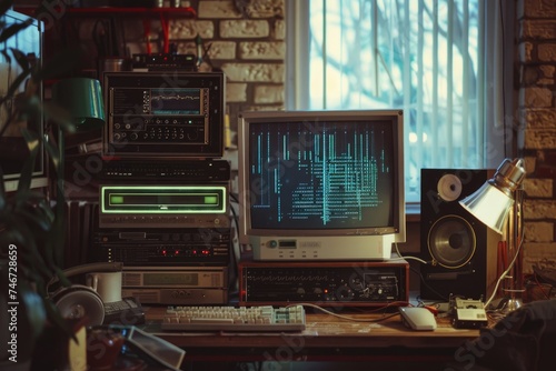 Vintage audio equipment with computer monitor displaying sound waves.