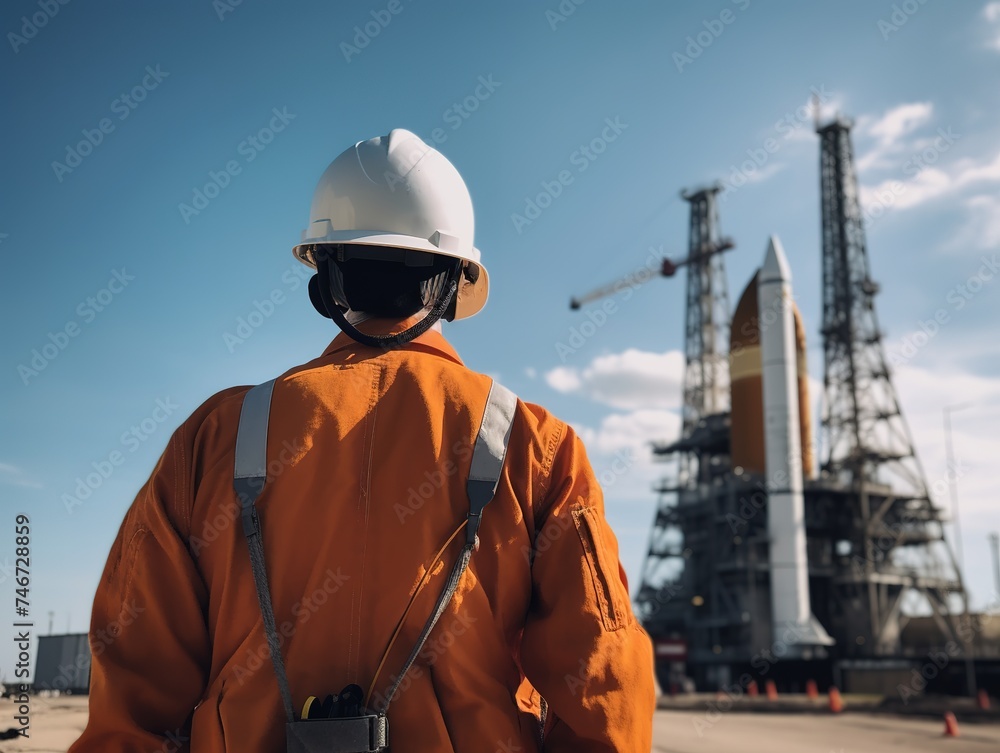 Engineer in front of rocket flight, monitoring work, view from behind Engineer in front of rocket flight, monitoring work, view from behind
