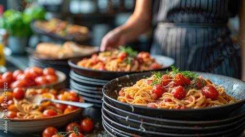 Chef garnishing spaghetti with tomatoes and herbs. Culinary arts and gastronomy concept.