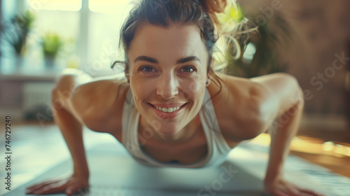 fitness  sport  training and lifestyle concept - happy smiling woman with personal trainer doing push-ups at home