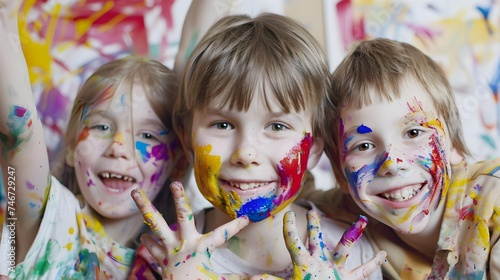 Children smeared with paints in an art school paint pictures