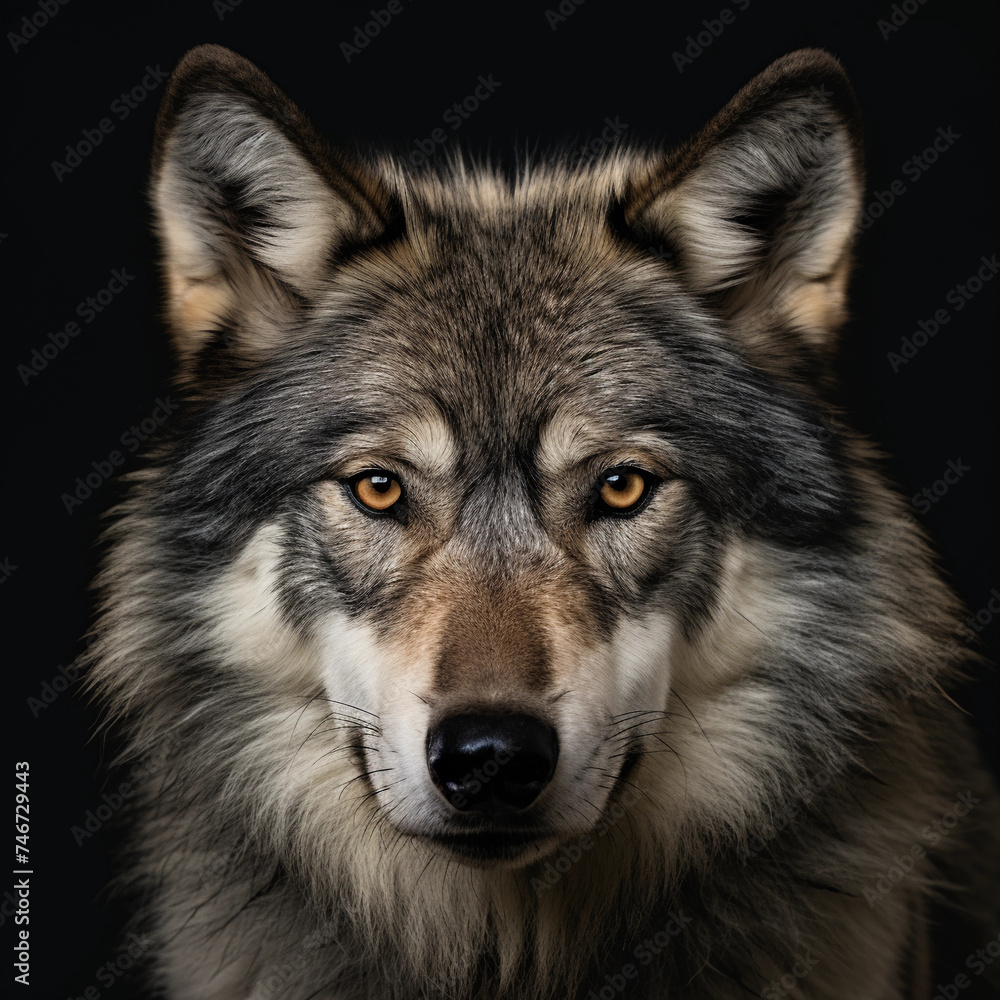 Portrait of a wolf looking straight on a dark background, close up view 