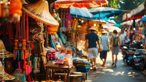 Colorful street market in Asia with traditional items, representing culture and tourism.