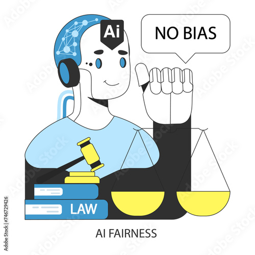AI ethics. AI robotic system voicing No Bias with balanced scales. Justice