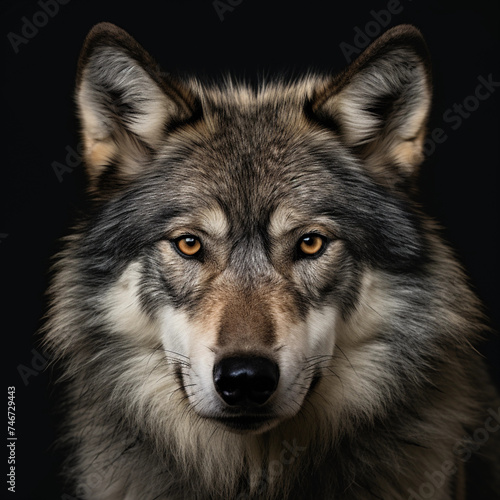 Portrait of a wolf looking straight on a dark background, close up view 