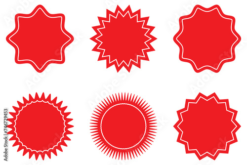 Set of red starburst.  Price sticker, sale sticker, price tag, starburst, quality mark, retro stars, discount sticker, sunburst badges. Sunburst promotion tag. Starburst speech bubbles.