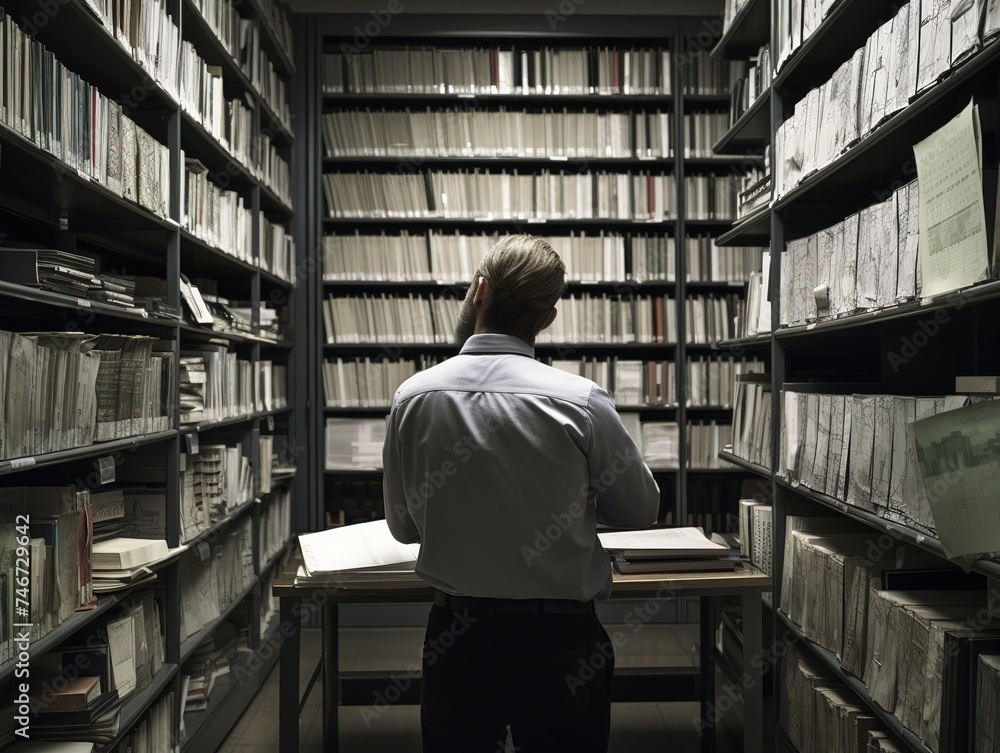 Engineer in library, monitoring work, view from behind Engineer in library, monitoring work, view from behind