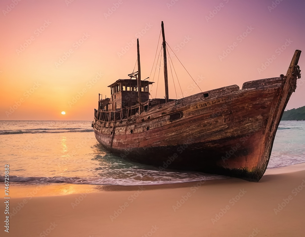 An old sailboat gracefully glides through the water, its weathered sails catching the warm hues of the sunset. The sky is ablaze with shades of orange, pink, and purple, casting a golden glow over the An old sailboat gracefully glides through the water, its weathered sails catching the warm hues of the sunset. The sky is ablaze with shades of orange, pink, and purple, casting a golden glow over the