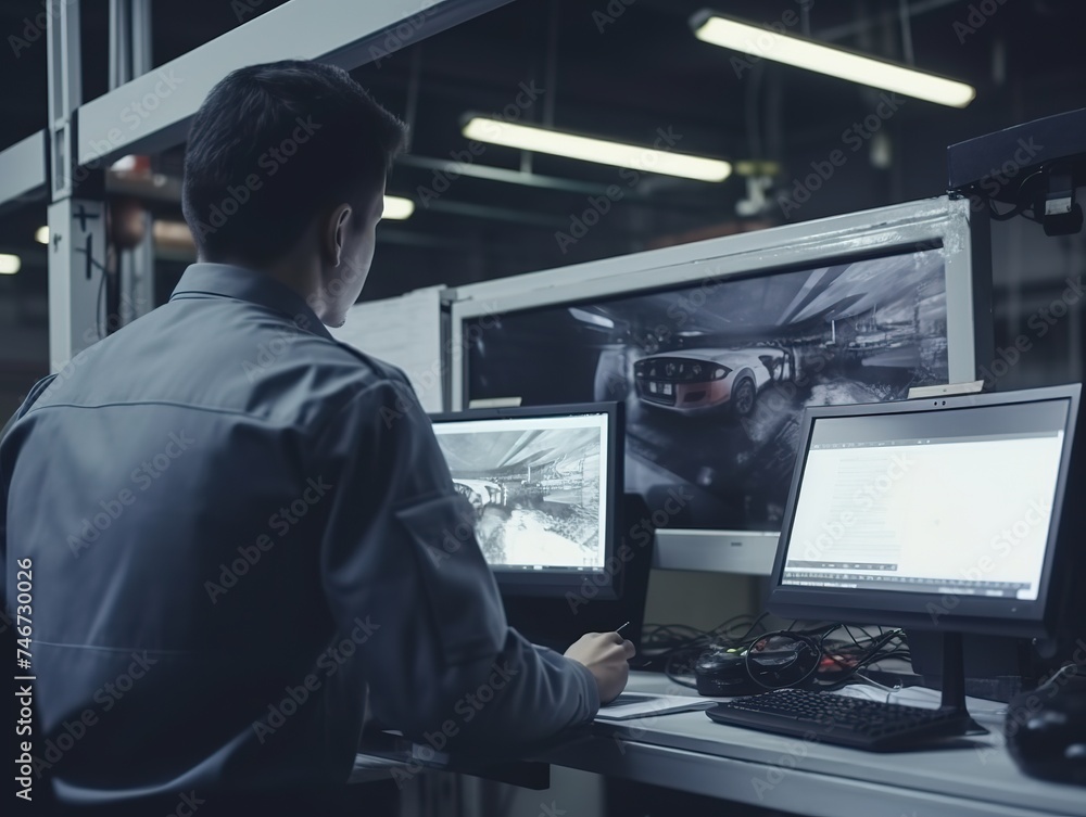 Engineer in vehicle repair shop, monitoring work, view from behind Engineer in vehicle repair shop, monitoring work, view from behind