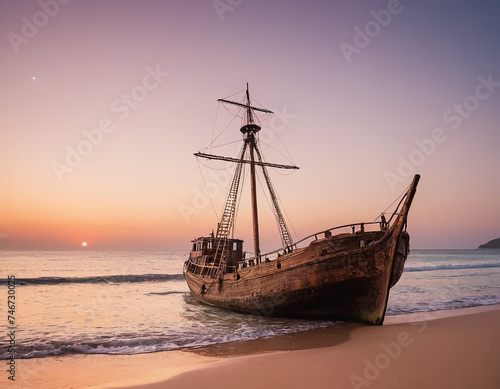 An old sailboat gracefully glides through the water, its weathered sails catching the warm hues of the sunset. The sky is ablaze with shades of orange, pink, and purple, casting a golden glow over the