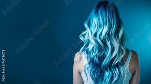 model woman from behind with beautiful long wavy hair, dyed hair photo
