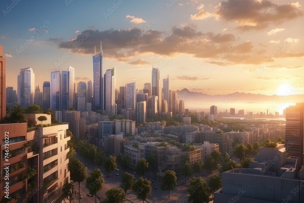 Fototapeta premium Modern City Skyline at Golden Hour Sunset, Panoramic View with Skyscrapers and Urban Buildings