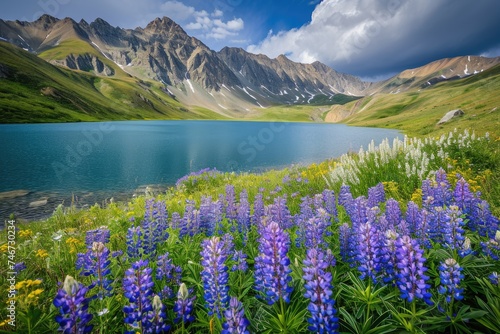 A blooming alpine meadow filled with lupines and a stunning mountain backdrop © Julia Jones