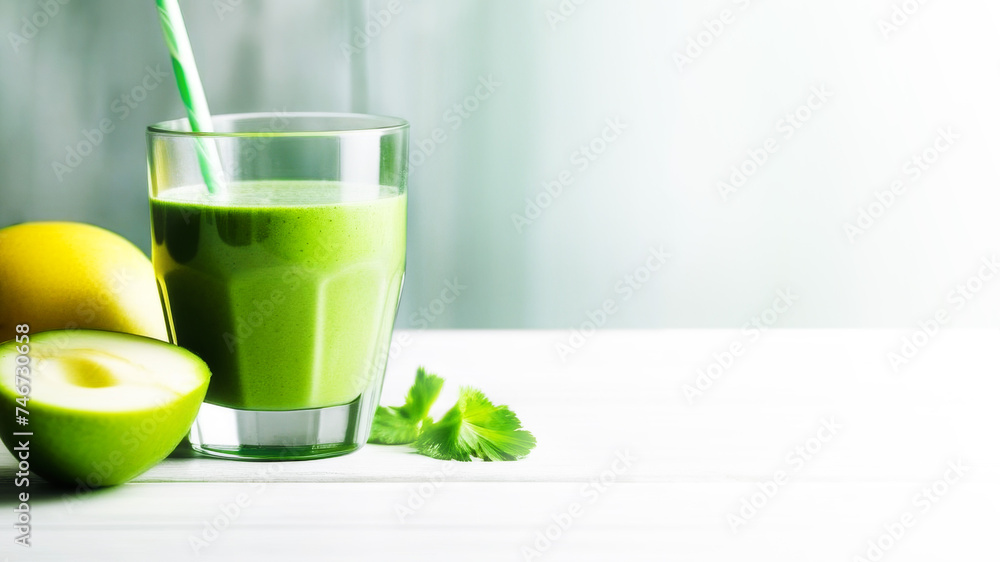 Green smoothie, thick drink in a glass and various fruits on a white table surface close-up, copy space Green smoothie, thick drink in a glass and various fruits on a white table surface close-up, copy space