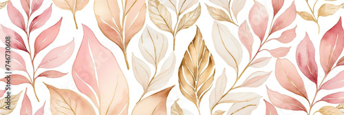  watercolor pink beige and gold floral background pattern with flowers and leaves banner format copy space © Alla