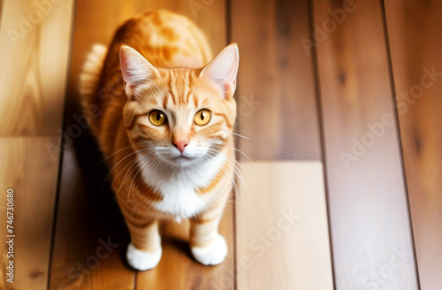 Red tabby cat with white paws and chest on a wooden floor looking up close up, top view