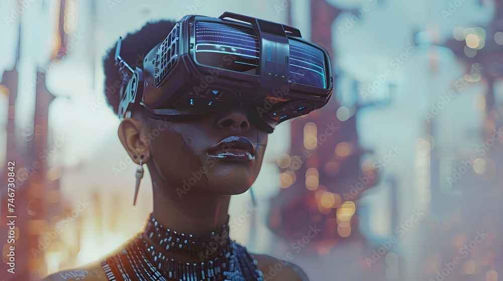 Science fiction image of a young African-American woman wearing virtual reality glasses. Future technology concept. Science fiction image of a young African-American woman wearing virtual reality glasses. Future technology concept.
