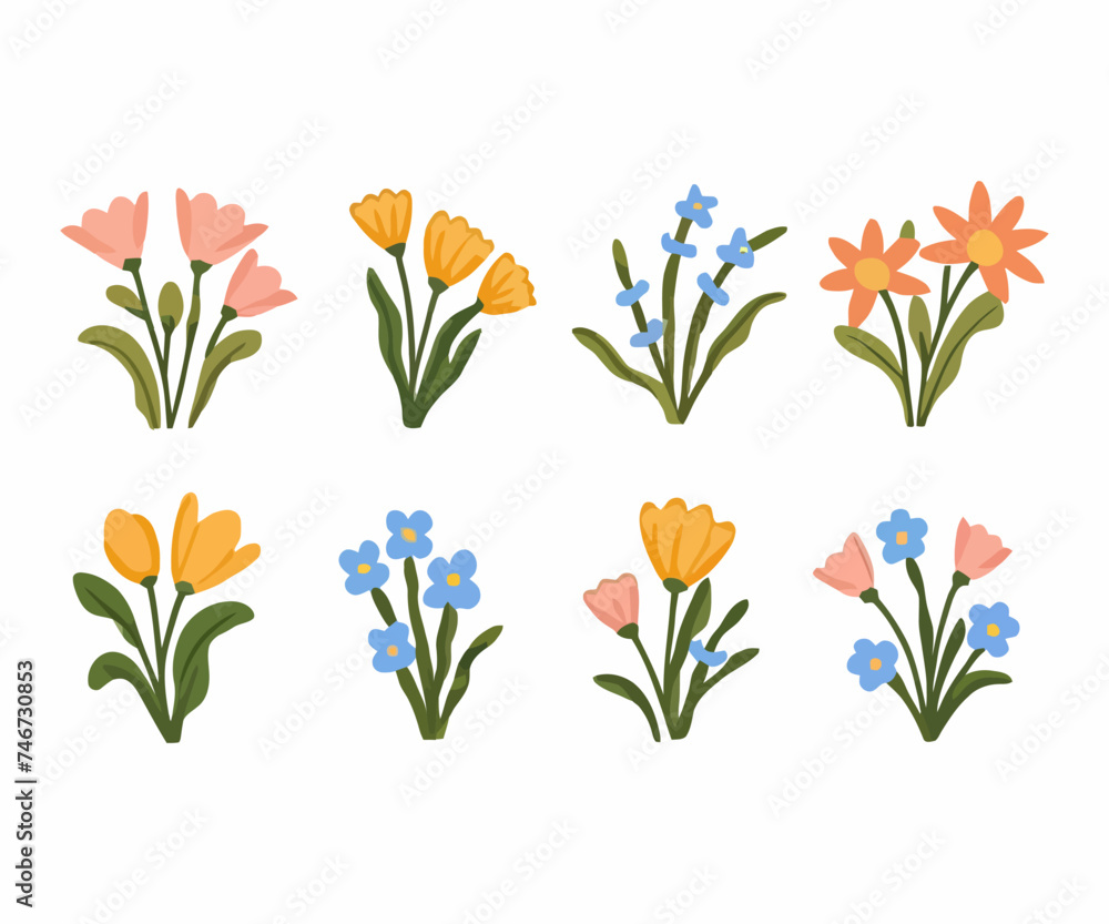 Set of spring colorful flowers. Set of floral branch. Isolated