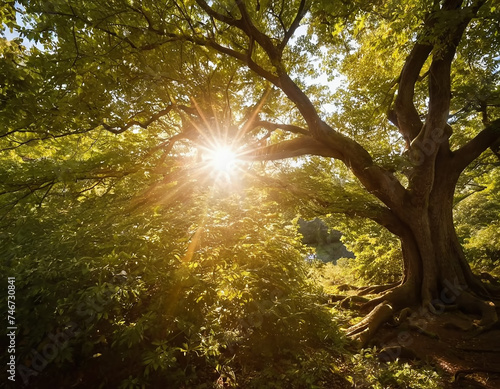 Sun rays gently filter through the dense foliage of a forest, creating a mesmerizing display of light and shadow. The lush green leaves of the trees are illuminated by the golden sunlight