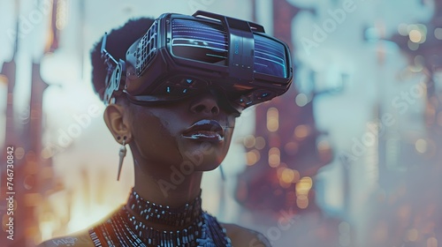 Science fiction image of a young African-American woman wearing virtual reality glasses. Future technology concept. 