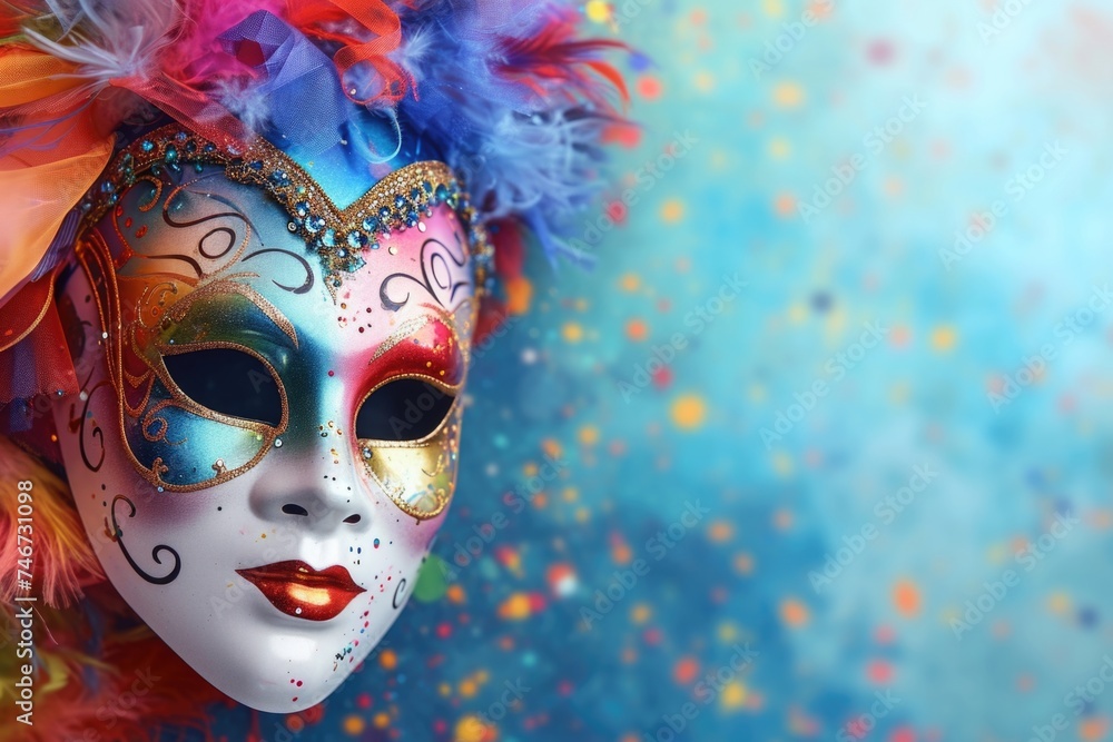 Carnival multicolored mask with feathers with space for text