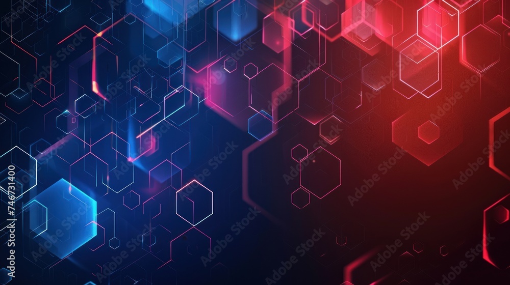 Abstract computer technology background with blue, purple and red color hexagon board