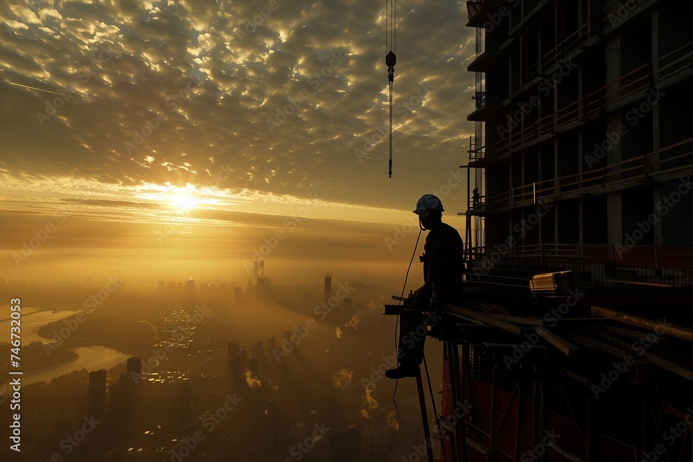 Fototapeta premium A dramatic, early morning scene at an under-construction skyscraper, where the silhouette of the unfinished structure pierces the sky.