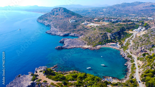 Fototapeta Naklejka Na Ścianę i Meble -  Ladiko beach and Anthony Quinn Bay aerial panoramic view in Rhodes island in Greece. Drone photography.
