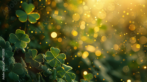 A sunlit clearing of clover with a backdrop of golden bokeh