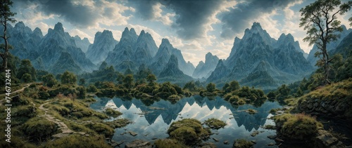 Mountain beautiful landscape. Dense impenetrable forests in a blue haze. Mountain mirror lake. Clouds over a mountain range. Panoramic landscape background. © derplan13