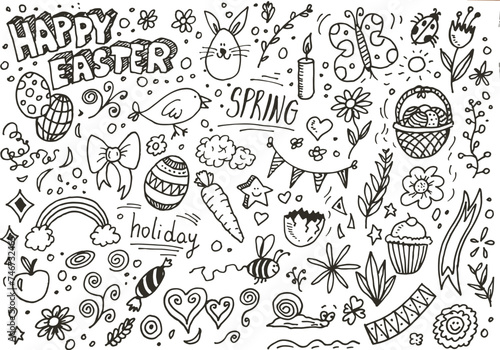 Happy easter hand drawn vector doodles, cartoon style elements
