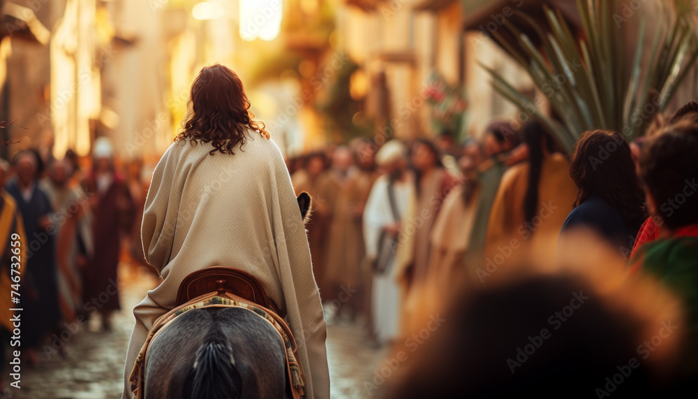 Jesus on Palm Sunday, on a donkey, received by the crowd - obrazy, fototapety, plakaty 